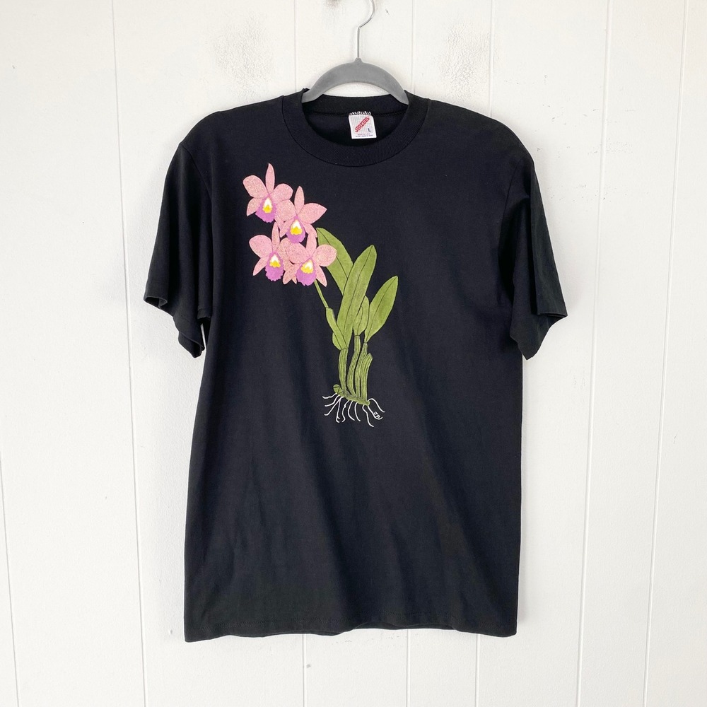 Vintage Jerzees Orchid Botanical Glitter Graphic T-Shirt Black Large Made in USA
